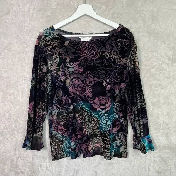 Vintage Y2K Coldwater Creek Velvet Burnout Top Floral Paisley Fairy Whimsigoth L - Picture 1 of 8